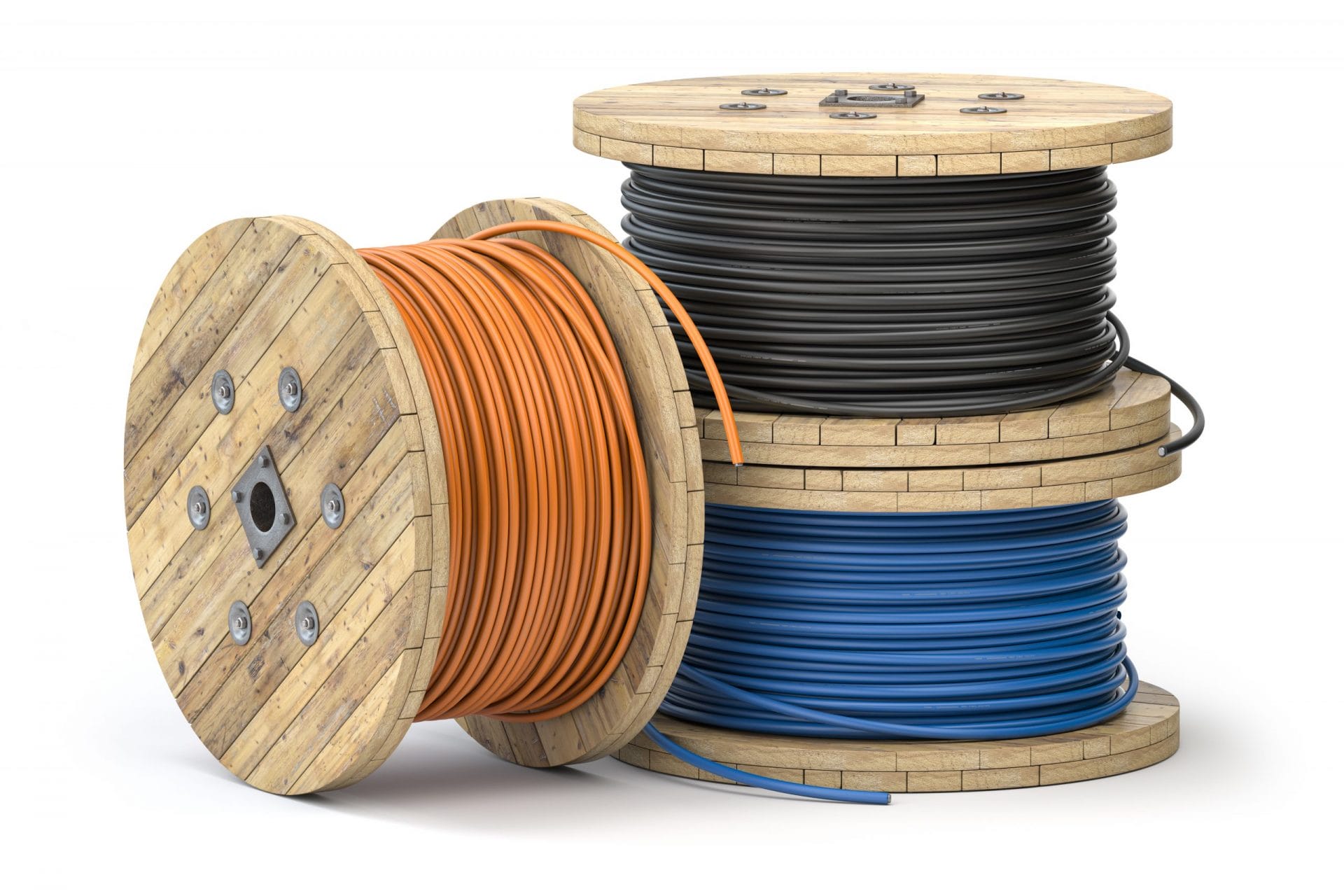 Wire electric cable of different colors on wooden coil or spool isolated on white background.